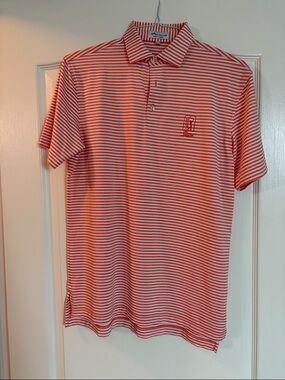 Peter Millar Red and White Striped Polo Shirt with TOC Sawgrass logo.